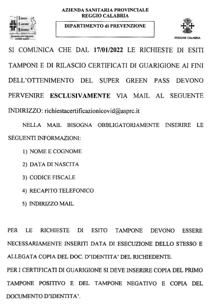 L'ASP comunica l'email per richiedere gli esiti dei tamponi e di rilascio dei certificati di guarigione