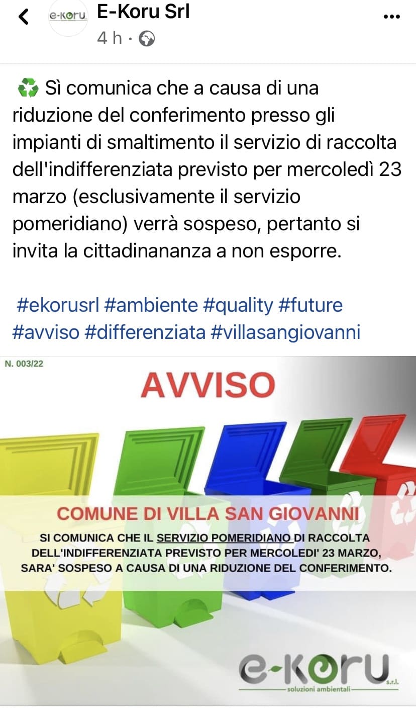 Villa San Giovanni, sospensione temporanea del servizio Raccolta Differenziata. Ecco quando