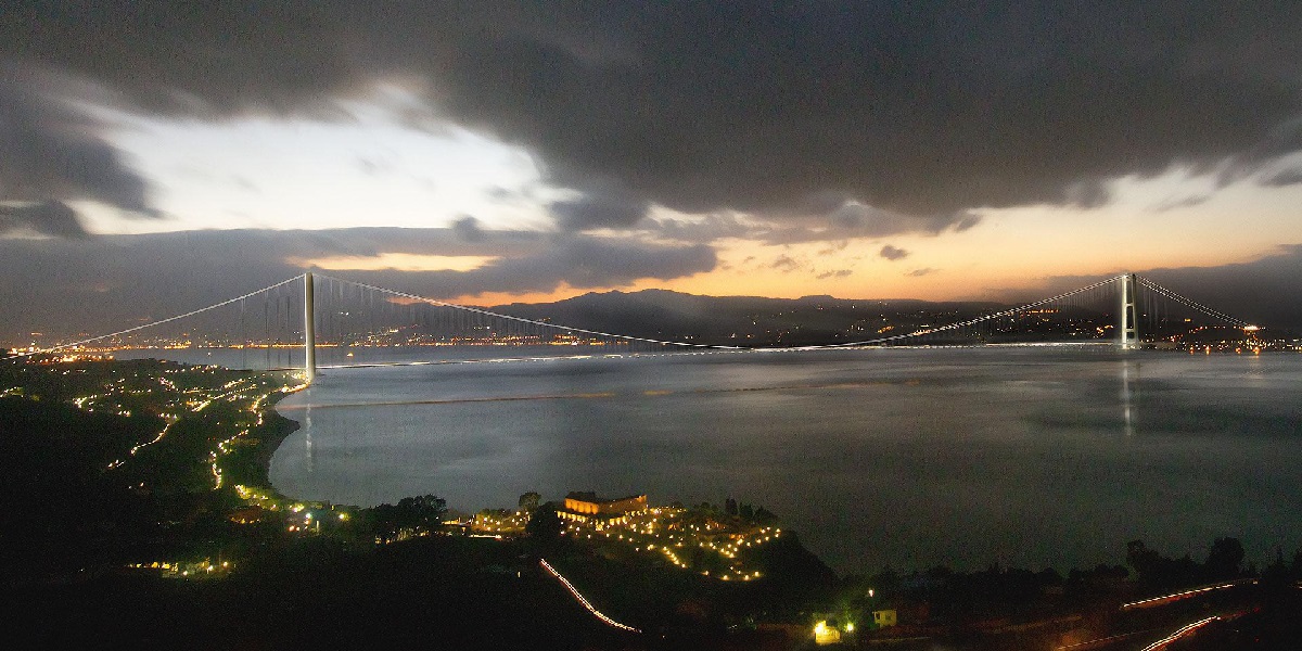 ponte sullo stretto di Messina in notturna